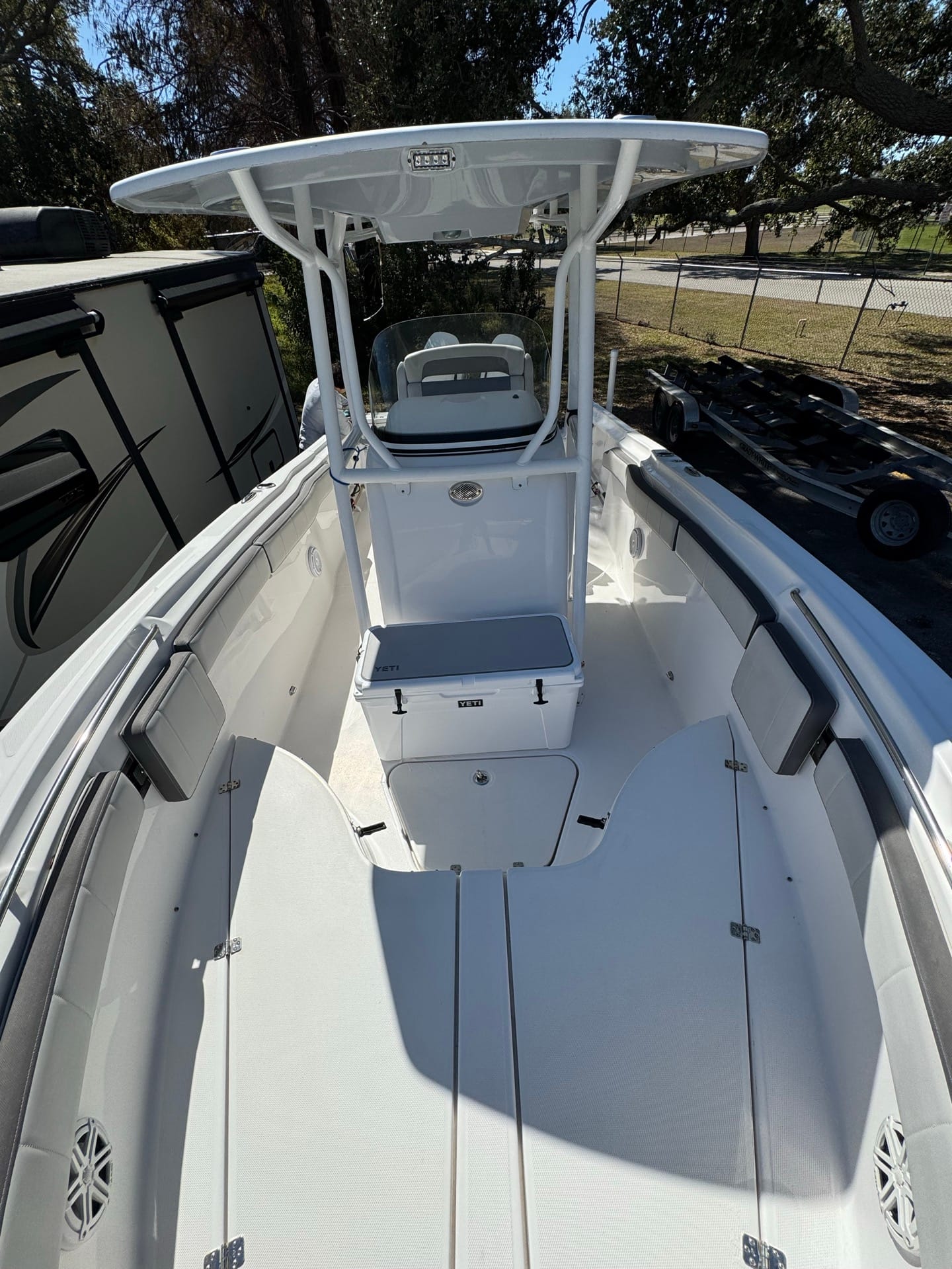 Freshly detailed Class A RV exterior in Tampa after a mobile wash and wax