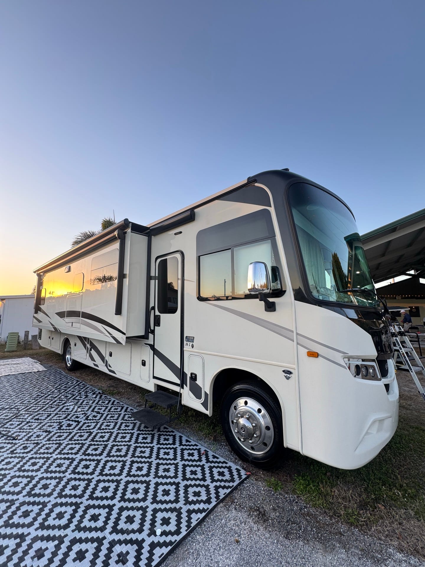 Detailed RV wheel and polished sidewall after a full mobile detail in Tampa Bay